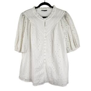 Pretty Garden White Eyelet Floral Puff Sleeves Prairie Core Blouse Size XXL